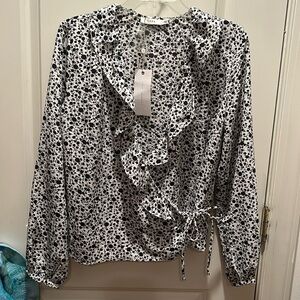 LUSH Black and White Floral wrap Blouse M NWT